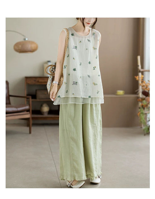 Summer Ramie Flower Embroidered Vest for Women