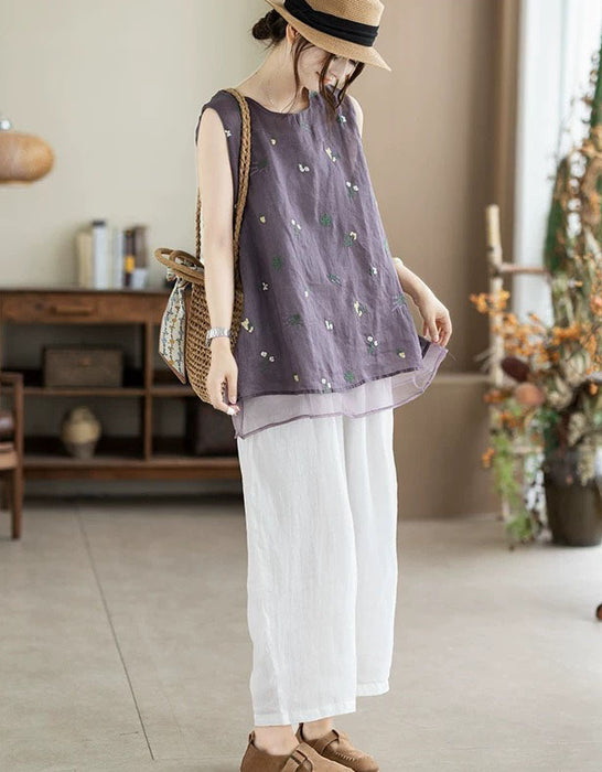 Summer Ramie Flower Embroidered Vest for Women