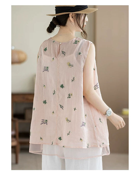 Summer Ramie Flower Embroidered Vest for Women