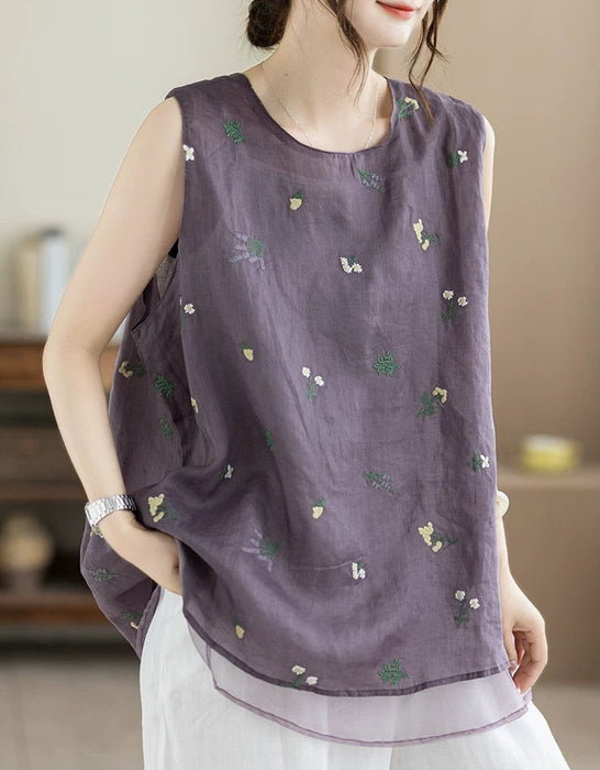 Summer Ramie Flower Embroidered Vest for Women