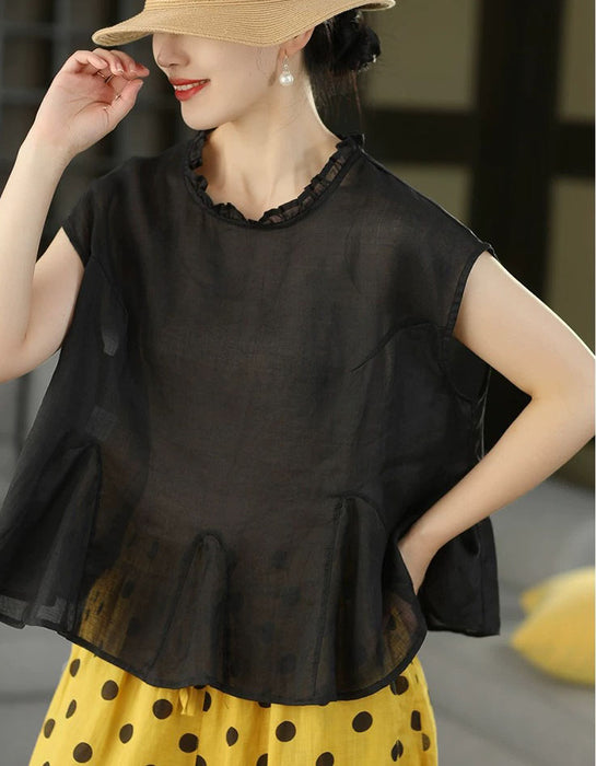 Summer Ramie Ruffled Hem Pullover Loose Blouse Buykud Shirts 45.00