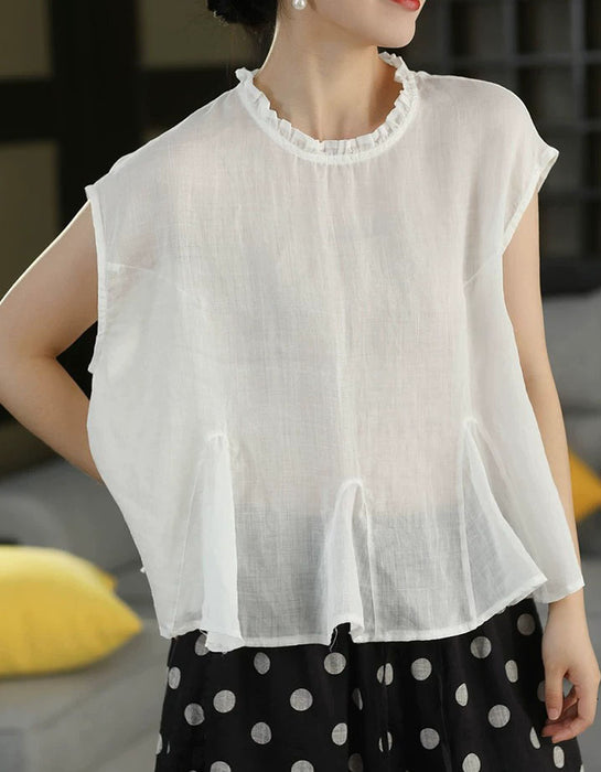 Summer Ramie Ruffled Hem Pullover Loose Blouse Buykud Shirts 45.00