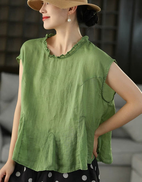 Summer Ramie Ruffled Hem Pullover Loose Blouse Buykud Tops 45.00