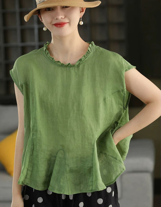 Summer Ramie Ruffled Hem Pullover Loose Blouse Buykud Shirts 45.00