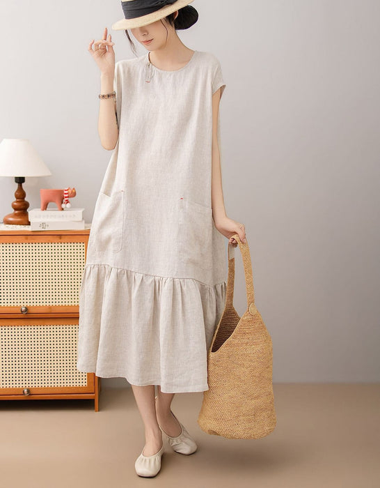 Women's Summer Round Neck Pocket Patchwork Loose Linen Mid Dress Buykud Aug New in 2026 69.60
