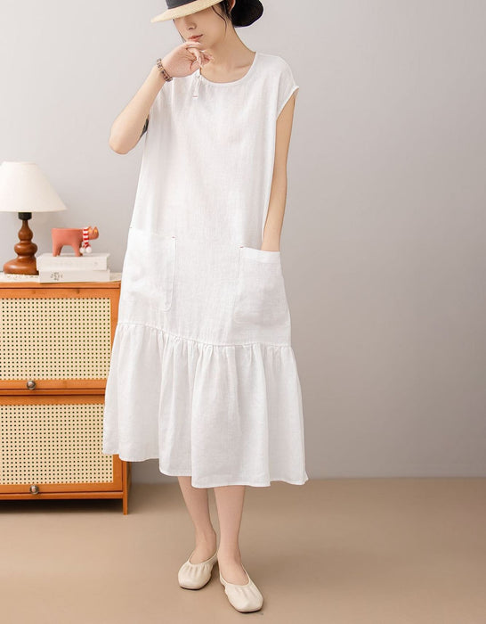 Women's Summer Round Neck Pocket Patchwork Loose Linen Mid Dress Buykud Aug New in 2026 69.60
