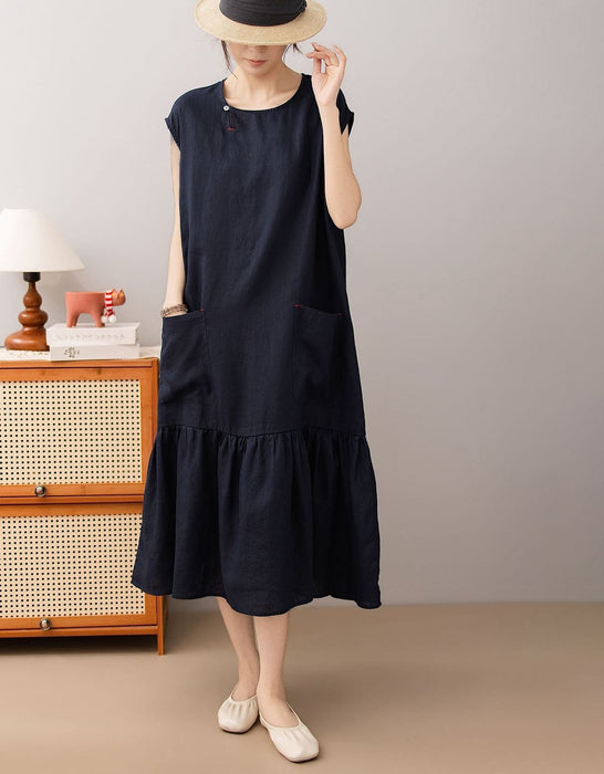 Women's Summer Round Neck Pocket Patchwork Loose Linen Mid Dress Buykud Aug New in 2026 69.60