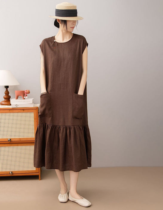 Women's Summer Round Neck Pocket Patchwork Loose Linen Mid Dress Buykud Aug New in 2026 69.60