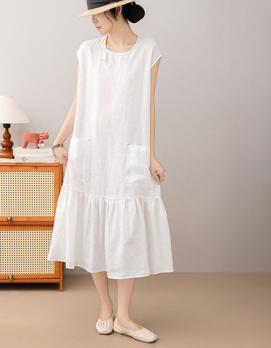 Women's Summer Round Neck Pocket Patchwork Loose Linen Mid Dress Buykud Aug New in 2026 69.60