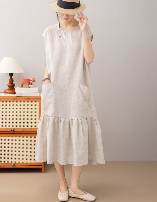 Women's Summer Round Neck Pocket Patchwork Loose Linen Mid Dress Buykud Aug New in 2026 69.60