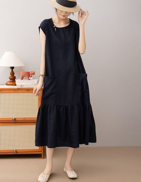 Women's Summer Round Neck Pocket Patchwork Loose Linen Mid Dress Buykud Aug New in 2026 69.60