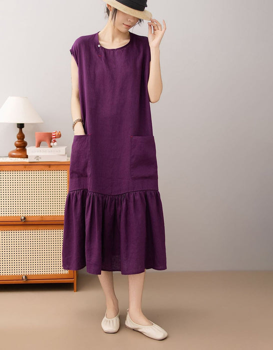 Women's Summer Round Neck Pocket Patchwork Loose Linen Mid Dress Buykud Aug New in 2026 69.60