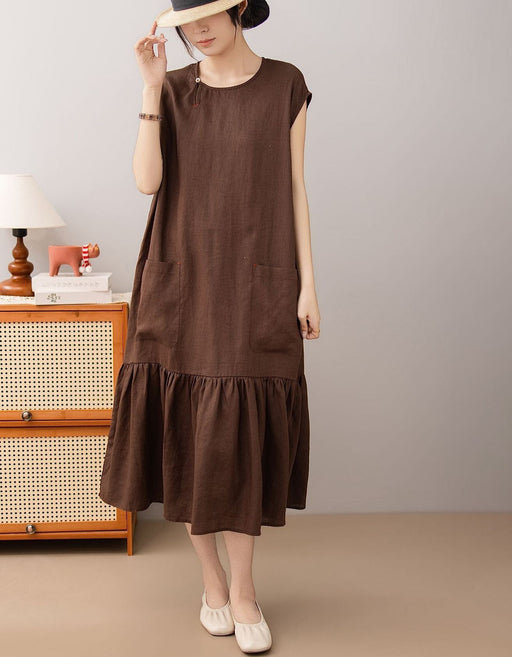 Women's Summer Round Neck Pocket Patchwork Loose Linen Mid Dress Buykud Aug New in 2026 69.60
