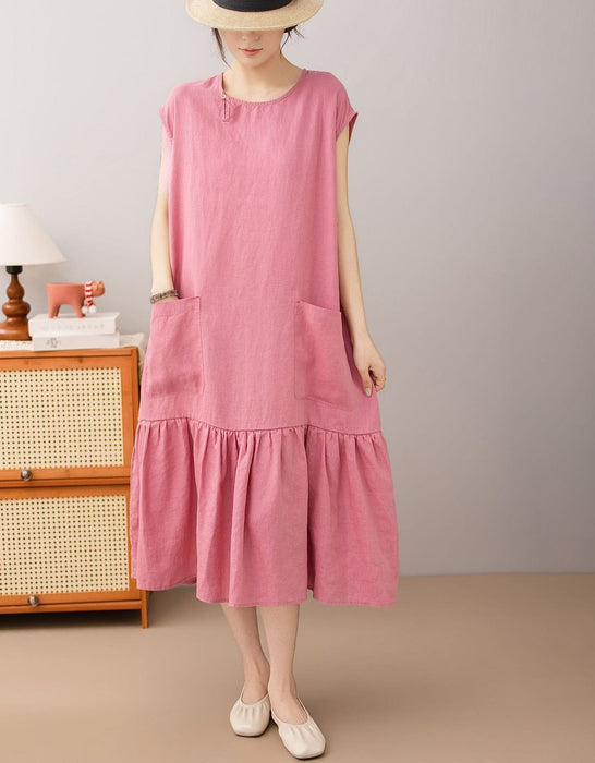 Women's Summer Round Neck Pocket Patchwork Loose Linen Mid Dress Buykud Aug New in 2026 69.60