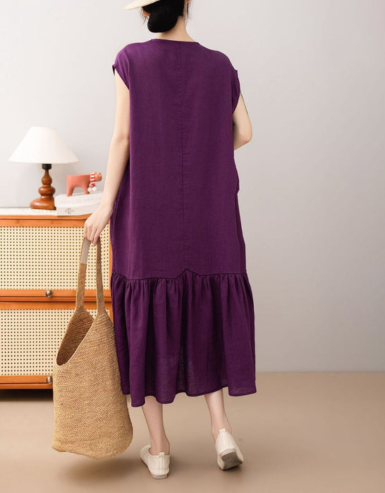 Women's Summer Round Neck Pocket Patchwork Loose Linen Mid Dress Buykud Aug New in 2026 69.60