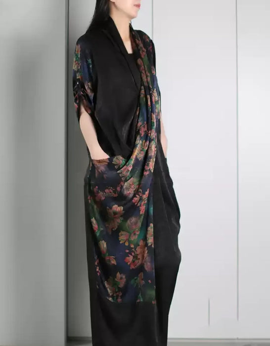 Summer Vintage Flower Print Cross-front Silk Long Dress