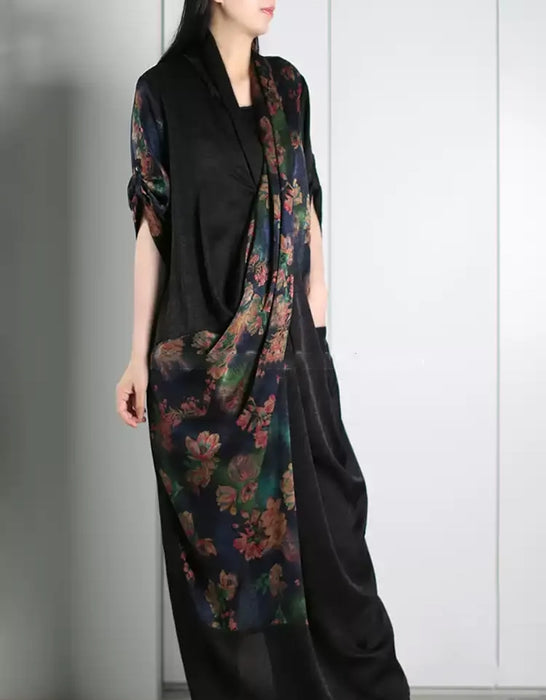 Summer Vintage Flower Print Cross-front Silk Long Dress