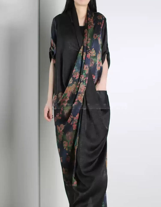 Summer Vintage Flower Print Cross-front Silk Long Dress