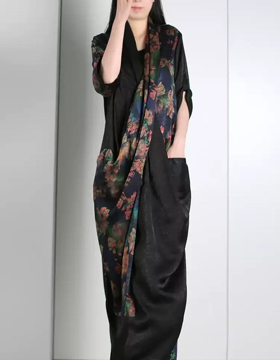 Summer Vintage Flower Print Cross-front Silk Long Dress