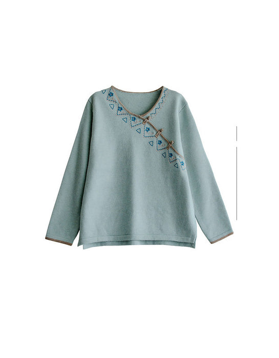 Chinese Style Neck Embroidery Knit Sweater Shirt