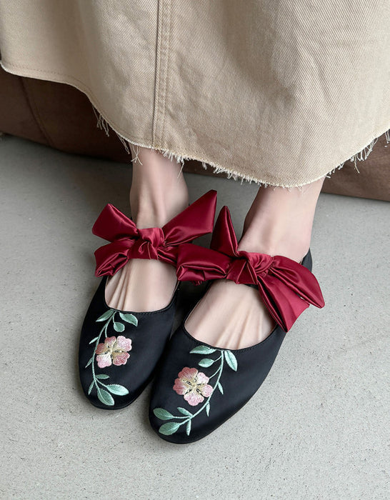 Vintage Bowknot Strap  Satin Flower Embroidered Flats