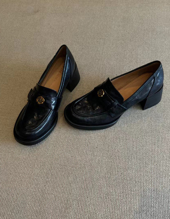 Vintage Camellia Pin Comfortable Chunky Heel Loafers