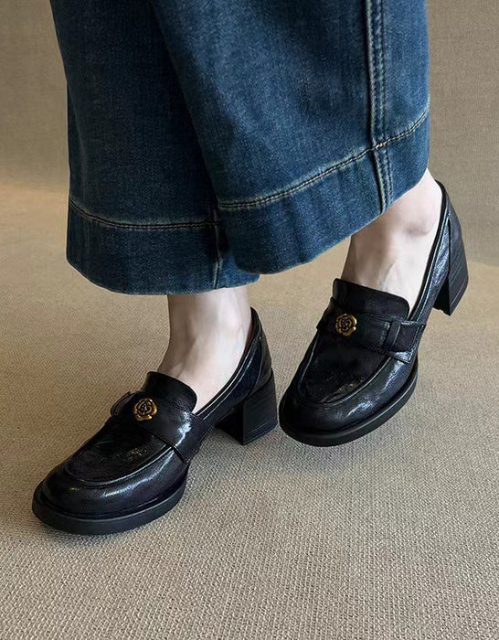 Vintage Camellia Pin Comfortable Chunky Heel Loafers