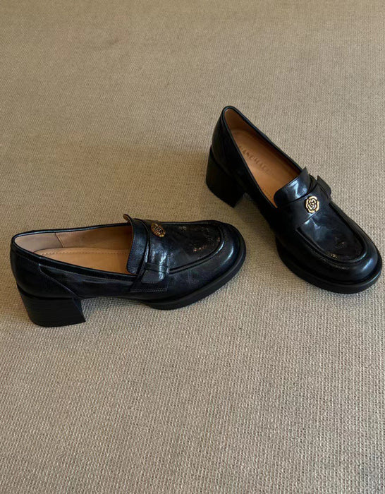 Vintage Camellia Pin Comfortable Chunky Heel Loafers