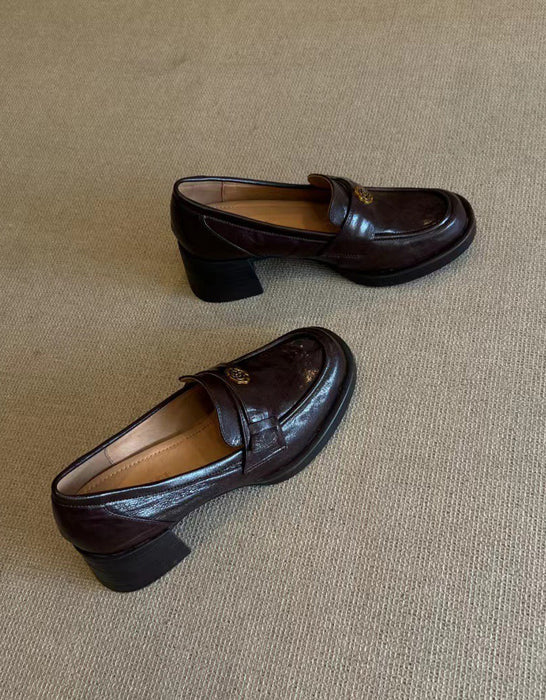Vintage Camellia Pin Comfortable Chunky Heel Loafers