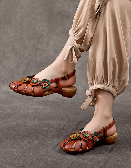 Vintage Handmade Leather Flower Sandals Slingback