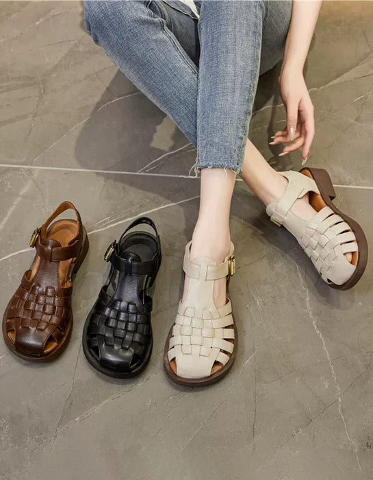 Vintage Leather Woven T-strap Wide Toe Box Sandals May Shoes Collection 2026 93.00