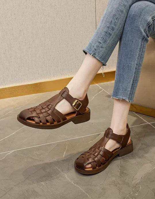 Vintage Leather Woven T-strap Wide Toe Box Sandals May Shoes Collection 2026 93.00