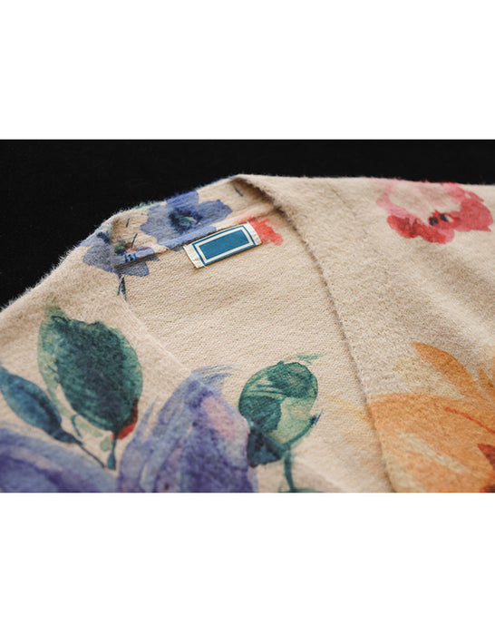 Vintage V-neck Floral Cotton Loose Knit Cardigan