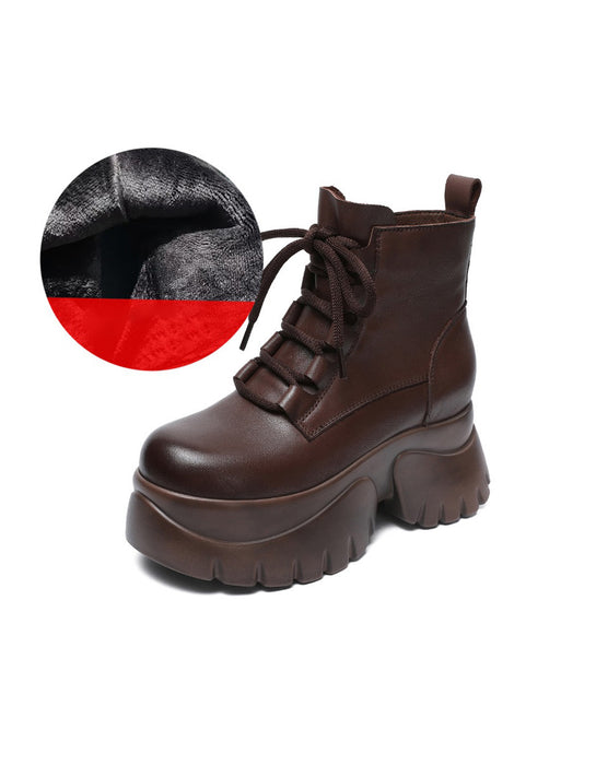 Bottes compensées rétro d'hiver en cuir faites à la main 