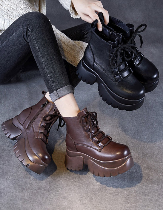 Bottes compensées rétro d'hiver en cuir faites à la main 