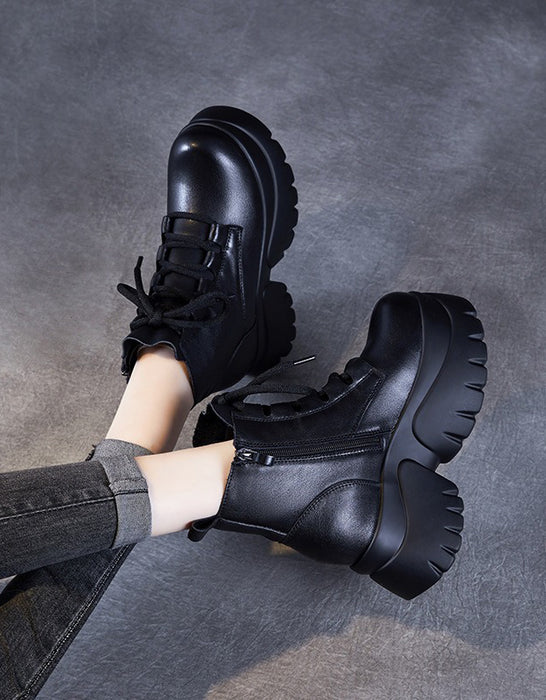 Bottes compensées rétro d'hiver en cuir faites à la main 