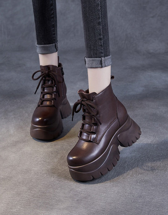 Bottes compensées rétro d'hiver en cuir faites à la main 