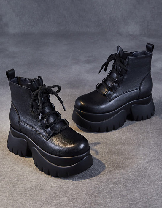 Bottes compensées rétro d'hiver en cuir faites à la main 