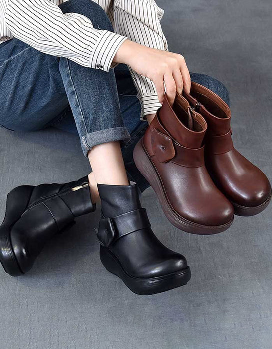 Zapatos de cuña retro con punta redonda y costuras de cuero