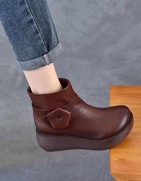 Zapatos de cuña retro con punta redonda y costuras de cuero