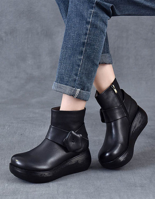 Zapatos de cuña retro con punta redonda y costuras de cuero