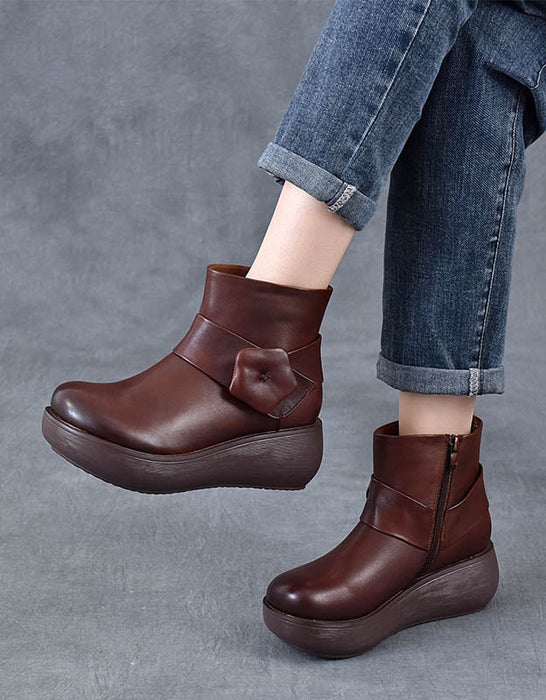 Zapatos de cuña retro con punta redonda y costuras de cuero