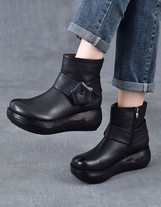 Zapatos de cuña retro con punta redonda y costuras de cuero