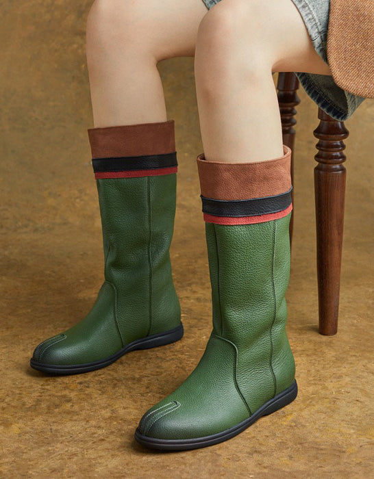 Winter Autumn Genuine Leather Round Toe Mid-calf Boots