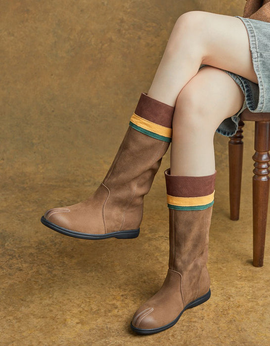 Winter Autumn Genuine Leather Round Toe Mid-calf Boots