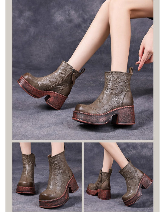 Winter Autumn Hand-embossed Chunky Heel Platform Boots