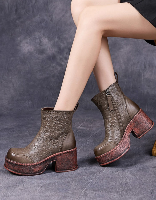 Winter Autumn Hand-embossed Chunky Heel Platform Boots