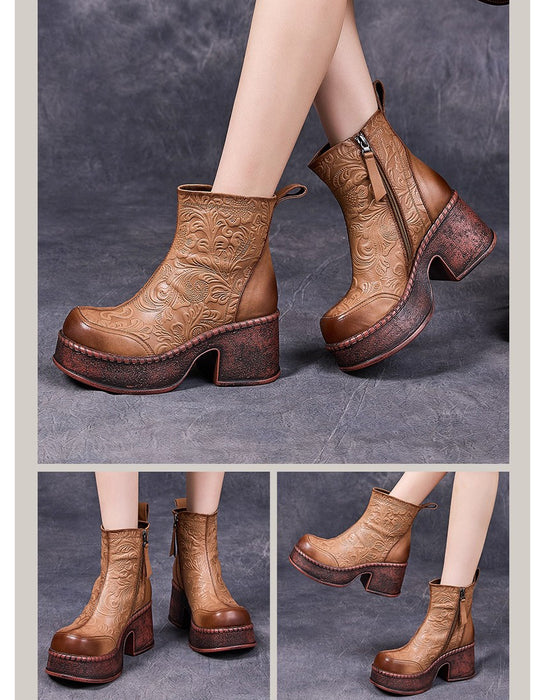 Winter Autumn Hand-embossed Chunky Heel Platform Boots