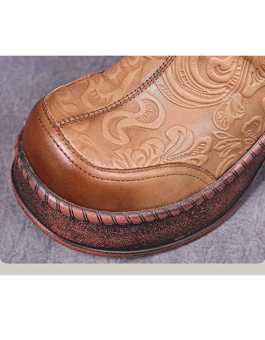 Winter Autumn Hand-embossed Chunky Heel Platform Boots