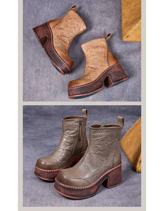 Winter Autumn Hand-embossed Chunky Heel Platform Boots